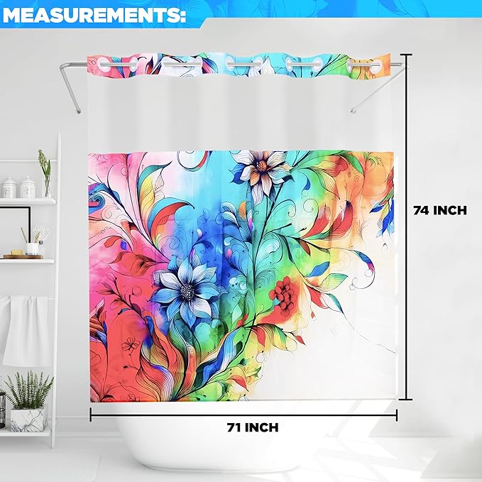 Hookless Boho Floral Shower Curtain with Snap-in Liner Set, Vibrant Watercolor Fabric, See Through Sheer Window, Washable, 3 Magnet Weights, No Hook, Waterproof, Farmhouse - Standard Size