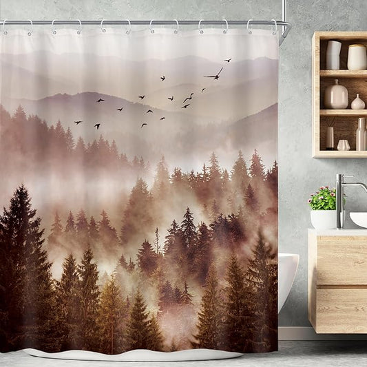 Riyidecor Foggy Mountain Shower Curtain 60Wx72H Inch Abstract Woodland Misty Nature Scenery National Park Scene Rustic Tree Landscape Natural Bathroom Decor Fabric Polyester Waterproof 12 Pack Hooks