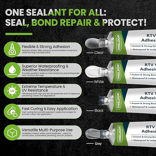 RTV Silicone Adhesive Sealant 100% Silicone Sealer All-Purpose Caulk Waterproof Stronger Adhesion, Shrink & Crack Proof Caulking for Car, Kitchen, Window, Bathroom, Door (Clear, 3.4 Fl. Oz.)