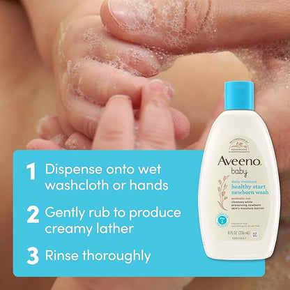 Aveeno Baby Healthy Start Nourishing Newborn Wash, Hypoallergenic Baby Body Wash, Prebiotic Oat, Gently Cleanses Sensitive Skin, No added Fragrances & Parabens, Tear-free, 8 fl. oz