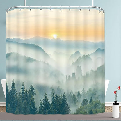 Riyidecor Mountain Shower Curtain 72Wx72H Inch Green Sunrise Sunset Scenery Landscape Tree Nature Pine Scenic Woodland Greenery View Bathroom Decor Fabric Polyester Waterproof 12 Pack Hooks