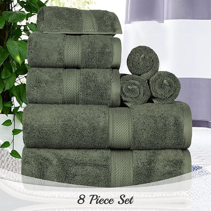 BLUENILEMILLS Madison Egyptian Cotton Towels, Towel Set for Bathroom, Shower, Hotel, Plush, 800 GSM, Highly Absorbent and Ultra-Soft Towels, Bath Essentials, 8 Piece Assorted Towel Set, Forest Green