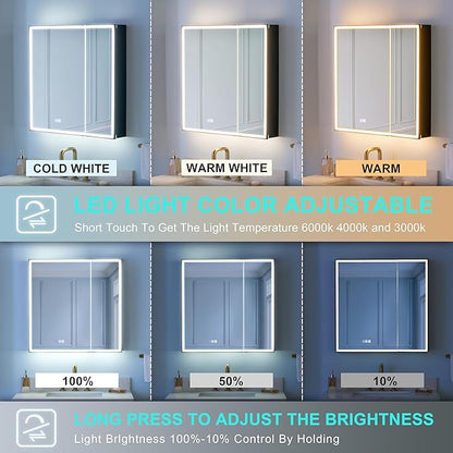 WELLFOR 30" X 30" LED Mirrored Medicine Cabinet, Medicine Cabinets with Lights for Bathroom, Defogging Function Mirror Cabinet, Bathroom Medicine Cabinet with USB Port & Outlet, Double Doors