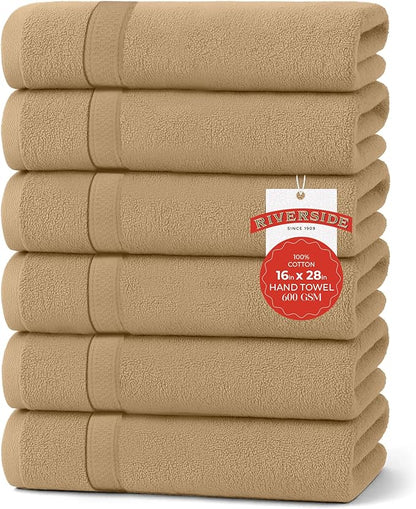 RIVERSIDE 6 Pack Premium Hand Towels Set, 16x28 inches, 100% Ring Spun Cotton, 600 GSM, Soft, Quick Dry and Highly Absorbent, Towels for Bathroom, Kitchen, Gym, Spa - Tan