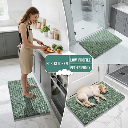 Yimobra Bathroom Rugs Sets 2 Piece - Quick Dry Extra Thick Luxury Chenille Bath Mat, Non Slip Super Absorbent for Tub Shower Sink, Machine Washable Shaggy Floor Mat, 24"x17+24"x20" Inch, Green