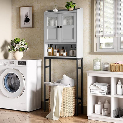 Over The Toilet Storage Cabinet, Bathroom Organizer Over Toilet with Double Doors and Soft Hinges Above Toilet Bathroom Storage Shelf Over The Toilet Storage (Gray)