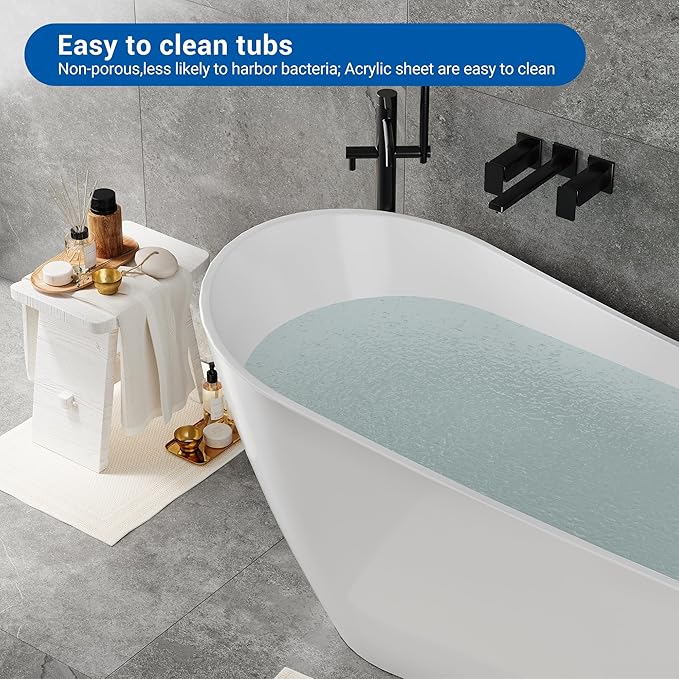 67" Acrylic Freestanding Bathtub, Modern Deep Soaking Tub, cUPC Certified Free Standing Tub, Chrome Drain/Overflow, White Acrylic, Allure White