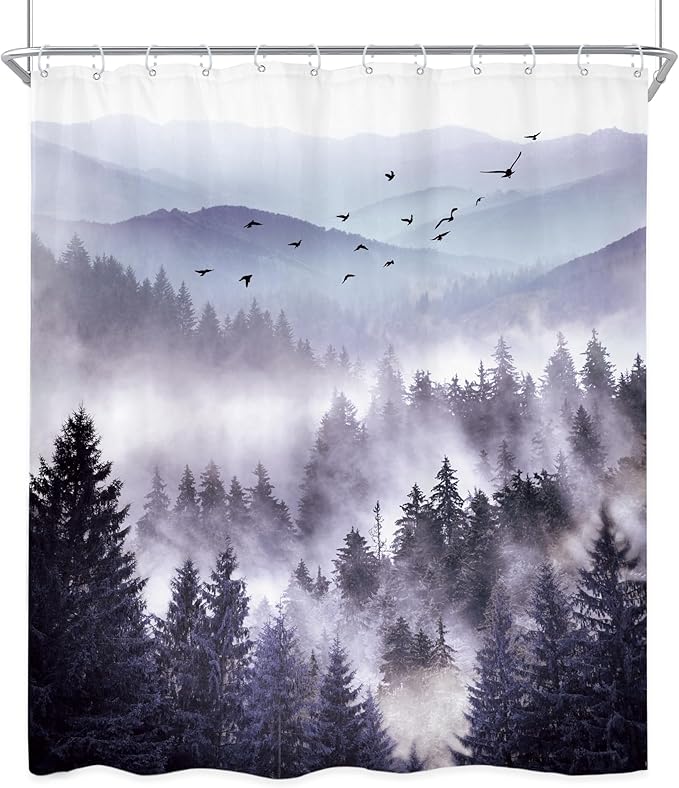 Riyidecor Purple Shower Curtain，Mountain Shower Curtains for Bathroom Nature Woodland Scenery Landscape Rustic Pine Tree View for Mens Natural Fabric Polyester Waterproof 12 Pack Hooks 60Wx72H Inch