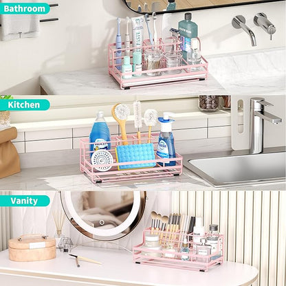 HapiRm Toothbrush Holders for Bathroom - 5 Partitions Bathroom Counter Organizer with Instant Drying Stone, Stainless Steel Countertop Storage Electric Toothbrush Toothpaste Holder - Pink