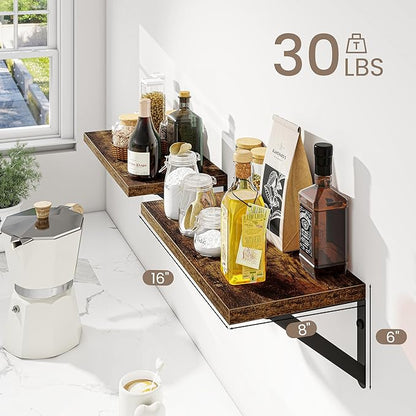 Dreamland Deep Floating Shelves for Wall, 16W x 8D Wall Mounted Shelves Set of 2, Floating Shelves Bedroom with Sturdy Metal Brackets for Living Room, Bathroom and Kitchen, Brown