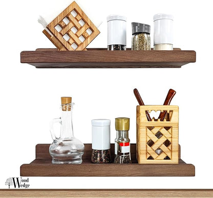 Floating Shelves for Wall 16 inch, Waterproof, Wall Storage Shelves with Lip, Display Picture Ledge Shelf for Photo Frame, Natural Wood Hanging Book Shelves (American Walnut, Set 2)