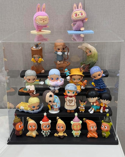 Choowin 4 Tier Clear Acrylic Display Case for Collectibles, Mini Figures, Pop Mart, Labubu, Sonny Angel, Smiski - Assemble Dustproof Acrylic Display Box with Door, Stand (Black Base Step)
