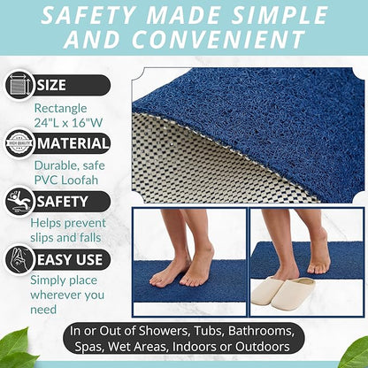 ENKOSI Loofah Non-Slip Shower Mat & Bath Mat – Soft Cushioned Comfort – No Suction Cups for Textured Tubs – Fast Draining Safety for Inside Shower, Family & Elderly (24x16 Navy)