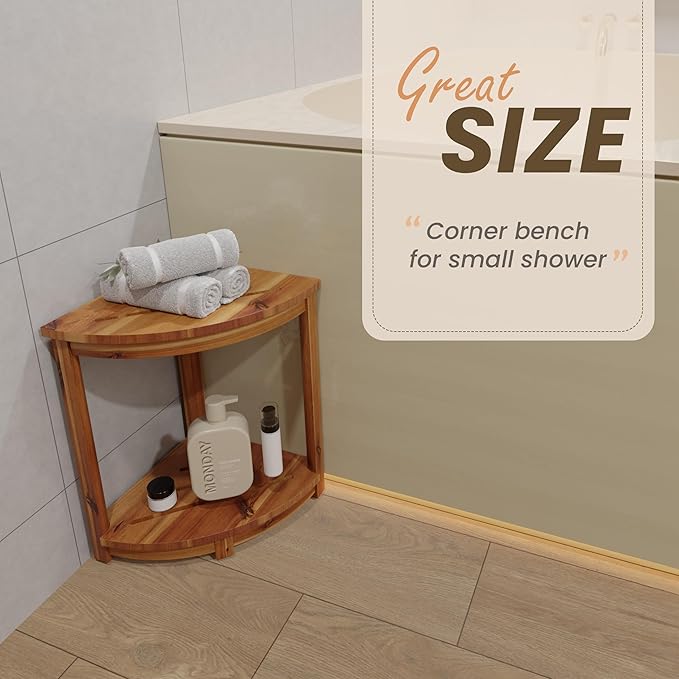 HOLANA 18" Wood Corner Shower Bench & Corner Shower Stool with Storage Shelf - Footrest for Shaving Legs - Bath Step for Small Spaces - Perfect for Indoor or Outdoor (Acacia)