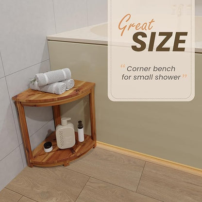 HOLANA 18" Wood Corner Shower Bench & Corner Shower Stool with Storage Shelf - Footrest for Shaving Legs - Bath Step for Small Spaces - Perfect for Indoor or Outdoor (Acacia)