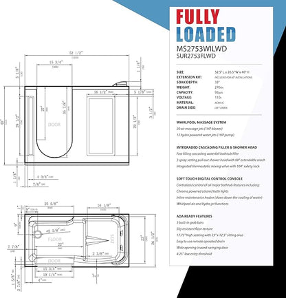 ANZZI Walk-In Whirlpool & Air Tub 27"x53" Left Drain, LED Lights, 30 Jets, Aromatherapy, Chromatherapy, Heater, Faucet & Handheld Shower, White Acrylic Spa Bathtub | 2753WILWD