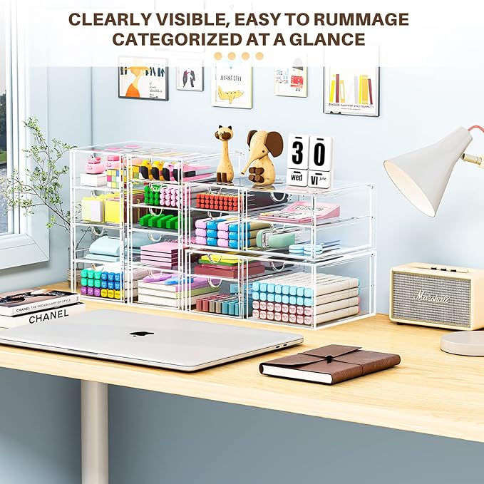 Makeup Organizer Storage with 16 Drawers, 4 Pcs Desktop Office Supplies, Desk Organizers, Clear Accessories, Dustproof Storage Drawer and for Make Up, Jewelry, Pen, Stationary