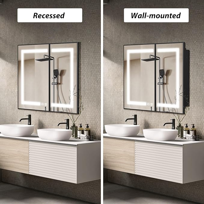 APRILSOUL 36X30 Inch Black Bathroom Medicine Cabinet with Mirror, Recessed or Surface Lighted Medicine Cabinet with 3 Colors Temperature, Dimmable Light