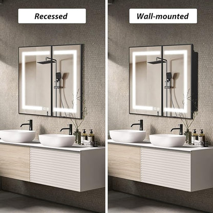 APRILSOUL 36X30 Inch Black Bathroom Medicine Cabinet with Mirror, Recessed or Surface Lighted Medicine Cabinet with 3 Colors Temperature, Dimmable Light