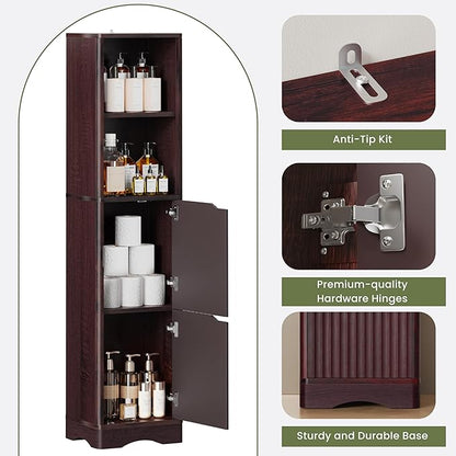 67" Tall Bathroom Organizer and Storage, Narrow Storage Cabinet with 2 Doors and 4 Shelves, Freestanding Floor Storage Unit,15.7" W x 11.8" D x 66.9" H, Walnut