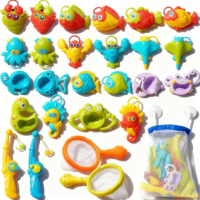 Toddler Bath Toys for Kids, 26PCS Mold Free Bath Toys with Hook-Type Fishing Rod Net Floating Sea Animals and Storage Bag, Bathtub Water Table Pool Toys for Toddlers and Babies