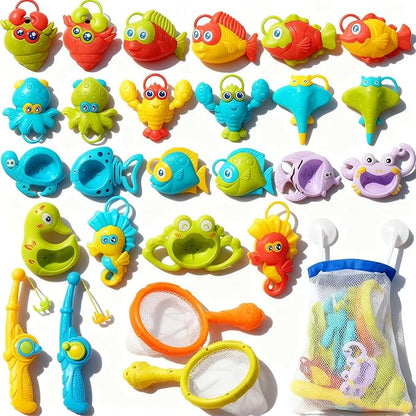 Toddler Bath Toys for Kids, 26PCS Mold Free Bath Toys with Hook-Type Fishing Rod Net Floating Sea Animals and Storage Bag, Bathtub Water Table Pool Toys for Toddlers and Babies