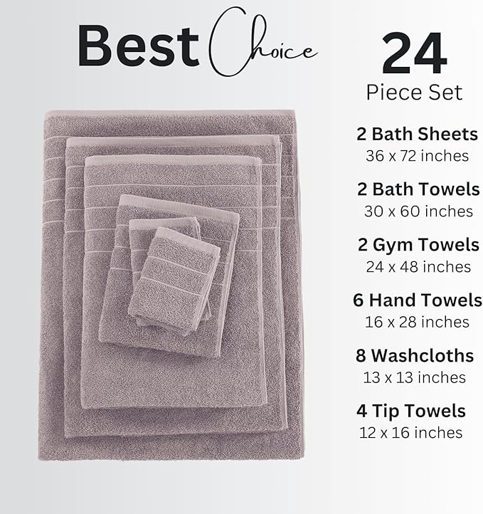Casa Platino 100% Cotton Bathroom Towels Set - 24 Pcs - Ring Spun, Soft & Absorbent - 2 Bath Sheets, 2 Gym, 2 Bath, 4 Fingertip, 6 Hand Towels, 8 Washcloths - Perfect for Home & Salon - Platinum