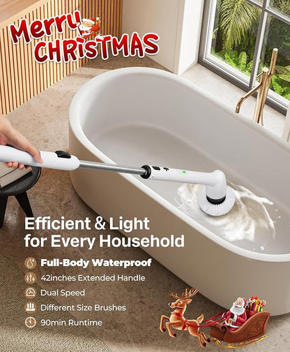 LyriFine Electric Spin Scrubber, New Full-Body IPX7 Waterproof Bathroom Cleaner Brush, Shower Scrubber with Long Handle & 2 Speed, Heads Replacement, Cleaning Supplies for Tub Shower Tile Floor