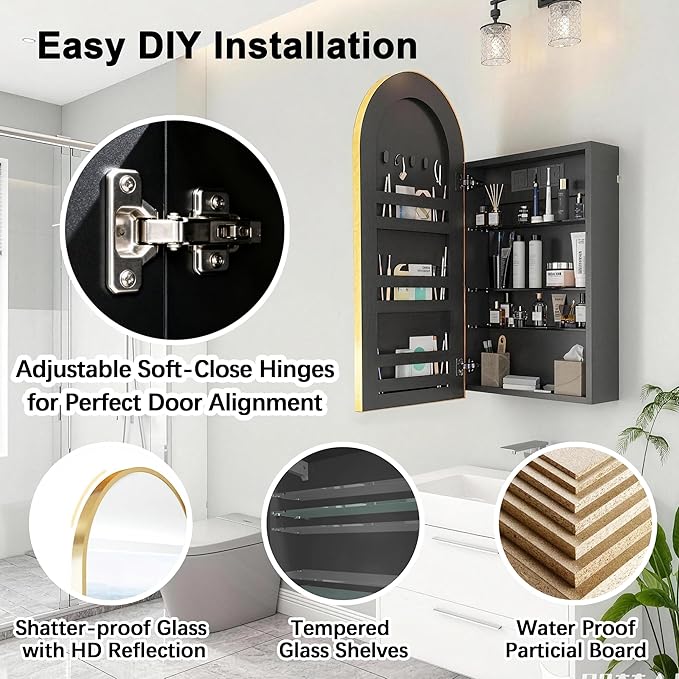 FKWin Bathroom Mirror with Storage and Power Outlet, Easy to Install Medicine Cabinet for Left or Right Opening, not Recessed, Ample Vanity Mirror with Storage for Homeowner, Gold, 20x34 inch