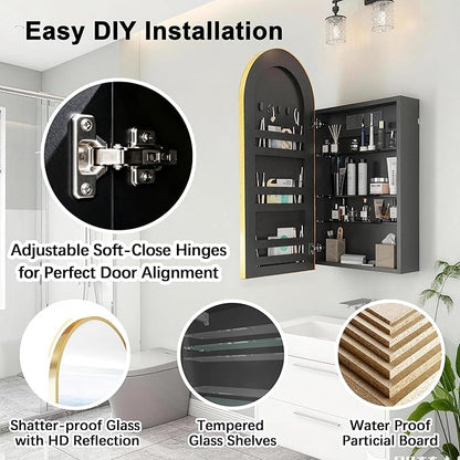 FKWin Bathroom Mirror with Storage and Power Outlet, Easy to Install Medicine Cabinet for Left or Right Opening, not Recessed, Ample Vanity Mirror with Storage for Homeowner, Gold, 20x34 inch