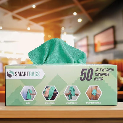 Arkwright Smart Rags in Box - (Pallet of 8000) Lint Free, Large Microfiber Cleaning Cloth, Scratch & Streak-Free, Dispensable Wash Towels for Cars, Kitchen, and Window Glass, 16 x 16 in, Green