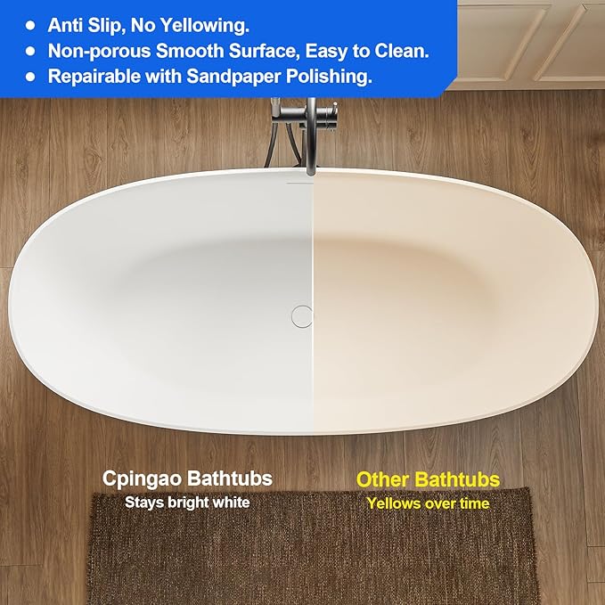 Cpingao 71" Stone Resin Freestanding Bathtub, Contemporary Oval Stand Alone Soaking Tubs, Solid Surface Bathtub with Drain & Integrated Slotted Overflow Matte White 8845-1800