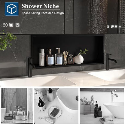 Neodrain 30X12Inch Shower Niche, Matte Black Wall Cubby Stainless Steel Wall Shelf NO Tile Needed Recessed Niche Shower for Bathroom Storage