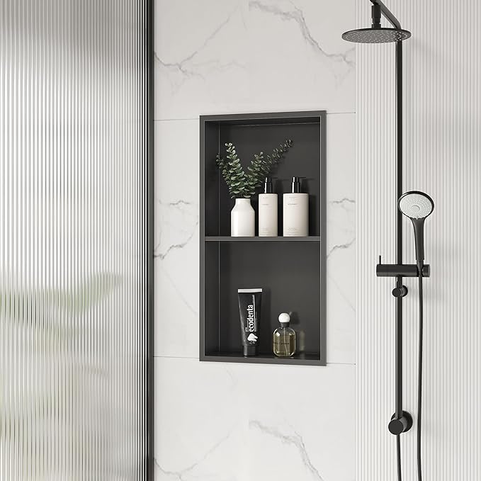 Stainless Steel Shower Niche 24" X 12", No Tile Needed Wall Niche Double Shelves, Recessed Shower Shelf for Bathroom Storage, Gun Metal