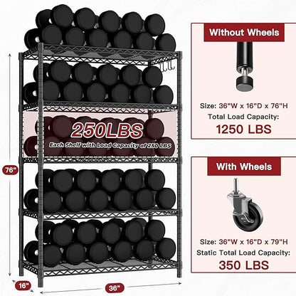 PrimeZone 4 Packs 36" W x 16" D x 79" H Wire Storage Shelves with Wheels, 5 Tier NSF Certified Heavy Duty Adjustable Kitchen Shelving Unit, Pantry Organizer Rack Rolling Metal Shelf for Garage Closet