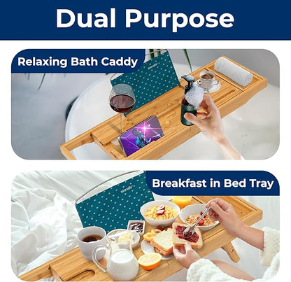 SereneLife 2 in 1 Bed and Bath Tray - Foldable Bamboo Bathtub Caddy with Adjustable Length, Non-Slip, Device Holder, Wine Glass Slot, Expandable for Comfortable Bathing (Folding, Soft Back, Gift Set)