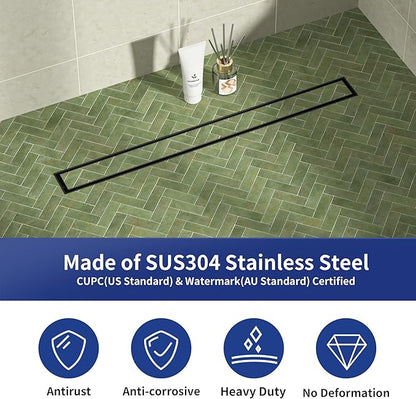 Linear Shower Drain 30", Matte Black Floor Drain with Tiled Insert Grate & Hair Strainer, 304 Stainless Steel Bathroom 2-in-1 Tiled in Drain, CUPC Certified (Matte Black, 30'')