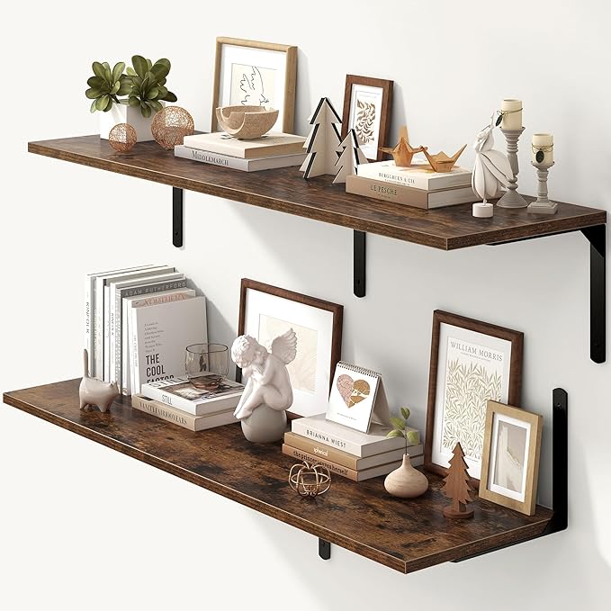Fun Memories Rustic Brown 12 Inch Deep Floating Shelves Set of 2, Wall Mounted Shelf with Metal Brackets, Rustic Wood Wall Shelf for Bathroom, Kitchen and Living Room, Rustic Brown, 48W x 12D