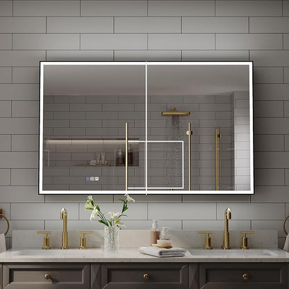 WELLFOR 48" X 30" LED Mirrored Medicine Cabinet, Medicine Cabinets with Lights for Bathroom, Defogging Function Mirror Cabinet, Bathroom Medicine Cabinet with USB Port & Outlet, Double Opening Doors