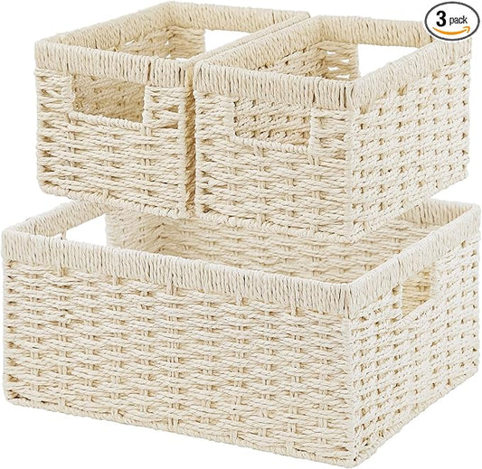 Vagusicc Wicker Storage Basket, Set of 3 Wicker Basket, Hand-Woven Paper Rope Storage Baskets for Organizing, Large Cube Storage Organizer Bins Baskets for Shelves Small Toilet Paper Baskets, Beige