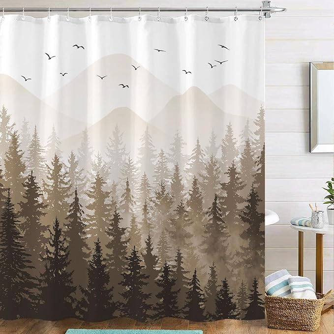 Aipon Brown Misty Forest Shower Curtain Ombre Nature Tree Plants Shower Curtains Fabric Waterproof Mountain Shower Curtain Sets for Bathroom Bath Decor with 12 Hooks (Brown, 72'' × 78'')