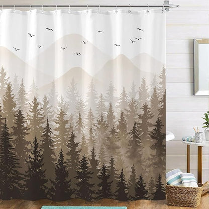 Aipon Brown Misty Forest Shower Curtain Ombre Nature Tree Plants Shower Curtains Fabric Waterproof Mountain Shower Curtain Sets for Bathroom Bath Decor with 12 Hooks (Brown, 72'' × 72'')