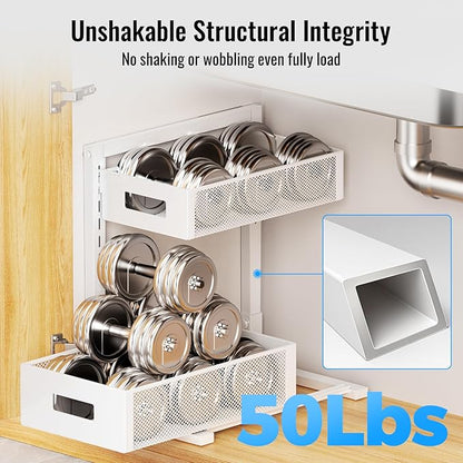 Full Metal Under Sink Organizer, Pull Out Cabinet Organizers and Storage, Silk-Smooth Sliding Drawer for Kitchen, Bathroom, Pantry, Cabinet, Closet (White, 2 Pack)