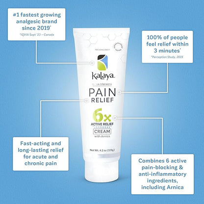 Kalaya Pain Relief Cream with Arnica for Muscles and Joints – 6 Natural Active Ingredients with Long Lasting and Fast Acting Relief in 3 Minutes - Dermatologist Tested to Soothe Tension - 4.2 oz