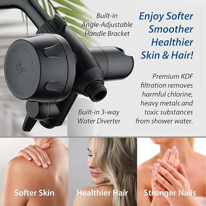 AquaCare Skin & Hair - World's Only Shower Head Combo Filter with Built-in 3-way Water Diverter, ON/OFF Filtration Modes, Instant Cartridge Reload & Stay-Clean American KDF Cartridge, Matte Black