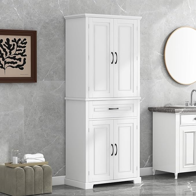 Favfurish 72" Tall Bathroom Storage Cabinet with Doors and Drawer,Modern Linen Cabinets w/Adjustable Shelves & Door Storage Rack,Freestanding Organizer for Bath Room,Study,Office,Kitchen White