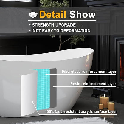60" Acrylic Freestanding Bathtubs, High-back Stand Alone Tub, Soaking Tubs for Bathroom, Integrated Overflow and Drain, cUPC Certified, Gloss White