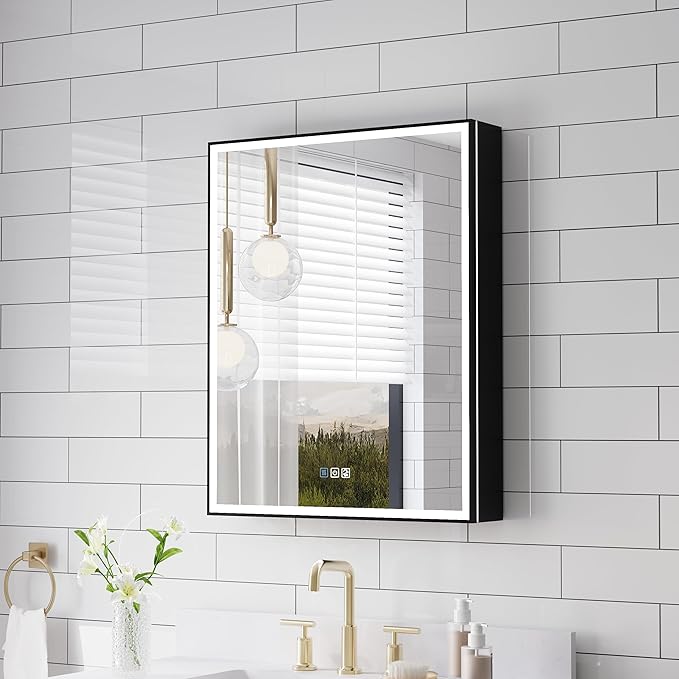 WELLFOR 24" X 30" LED Mirrored Medicine Cabinet, Medicine Cabinets with Lights for Bathroom, Defogging Mirror, Led Medicine Cabinet, Recessed or Surface Mounted, Single Right Opening Door
