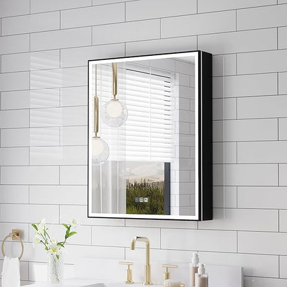 WELLFOR 24" X 30" LED Mirrored Medicine Cabinet, Medicine Cabinets with Lights for Bathroom, Defogging Function Mirror Cabinet, Bathroom Medicine Cabinet with USB Port & Outlet, Left Opening Doors