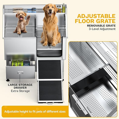 DWVO Professional 50in Dog Bathing Station, Stainless Steel 304 Pet Grooming Tub w/Right Door Ramp, 2 Storage Drawers & Grate, Pet Washing Station for Small, Medium, Large Dogs